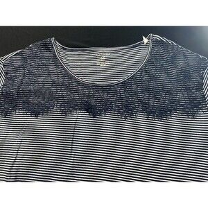 Sonoma Life Style Womens 1X Striped Blouse Navy Blue Lace Cap Sleeve Hi Low Top